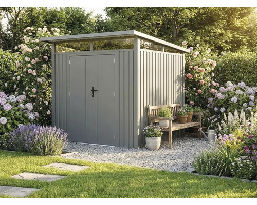Modernes Gerätehaus aus Metall mit Pultdach und Doppeltür in einem blühenden Garten neben einer Holzbank.