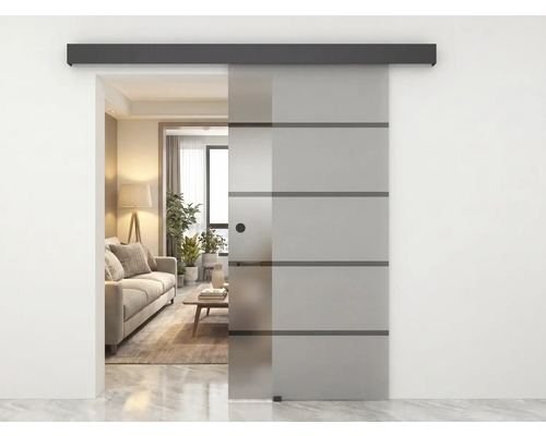Schiebetür aus Glas mit Querstreifen und schwarzer Laufschiene in einem modern eingerichteten Wohnzimmer mit Couch und Pflanzen.