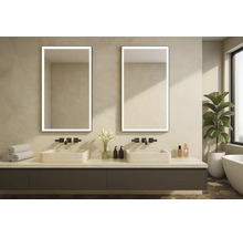 Modernes Badezimmer mit zwei LED-Spiegeln, rechteckigen Aufsatzwaschbecken, schwarzen Wandarmaturen und dunklem Waschtischunterschrank.