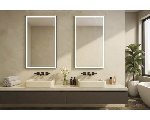 Modernes Badezimmer mit zwei LED-Spiegeln, rechteckigen Aufsatzwaschbecken, schwarzen Wandarmaturen und dunklem Waschtischunterschrank.