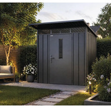Modernes Metallgerätehaus mit Pultdach, einer Tür mit Fenster und Oberlichtern in einem Garten mit Gehwegplatten und Pflanzen.