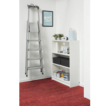 Organisierte Lagerfläche mit einer Aluminium-Stehleiter an einer Wandhalterung und einem weißen Regal mit Aufbewahrungsboxen und Farbeimern.