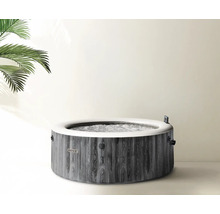 Runder aufblasbarer Intex Whirlpool mit Außenwand in grauer Holzoptik, Intex Logo und sprudelndem Wasser.