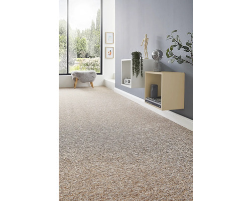 Hell gestalteter Wohnraum mit strukturiertem Teppichboden in Beige, grauer Wand, Wandregalen und Fensterfront.