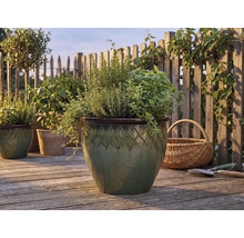 Kräuter wie Rosmarin und Basilikum in einem glasierten Keramiktopf mit Rautenmuster auf einer hellen Holzterrasse vor einem Lattenzaun.
