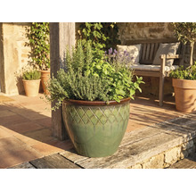 Keramiktopf mit Rautenmuster, bepflanzt mit Kräutern wie Lavendel und Rosmarin, auf einer hellen Terrasse neben einer Holzbank.