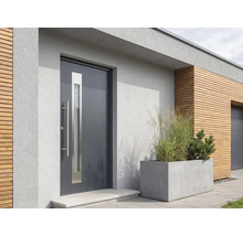 Moderne Hauseingangstür in Anthrazit mit vertikalem Lichtausschnitt und Edelstahlstangengriff an einer hellen Fassade mit Holzverkleidung.