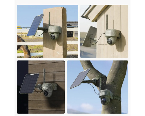 Reolink Überwachungskamera mit Solarpanel und Tarnmuster an einem Pfosten, einem Schuppen, einer Holzwand und einem Baum montiert.