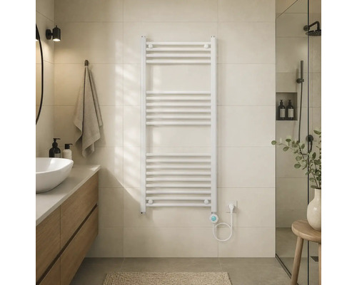 Moderner Elektro-Handtuchheizkörper an einer gefliesten Wand in einem hellen Badezimmer mit Waschtisch aus Holz und einer Dusche.