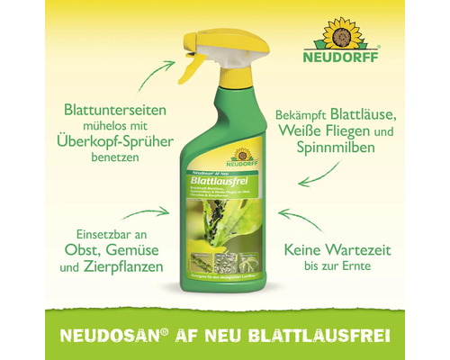 Neudorff Neudosan AF Neu Blattlausfrei Sprühflasche mit Informationen zu Überkopf-Sprühfunktion und Wirksamkeit gegen Blattläuse und Spinnmilben.