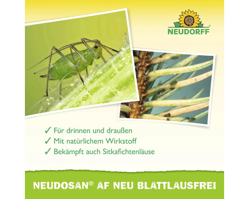 Neudorff Logo, Neudosan AF Neu Blattlausfrei gegen Blattläuse und Sitkafichtenläuse, für drinnen und draußen mit natürlichem Wirkstoff.