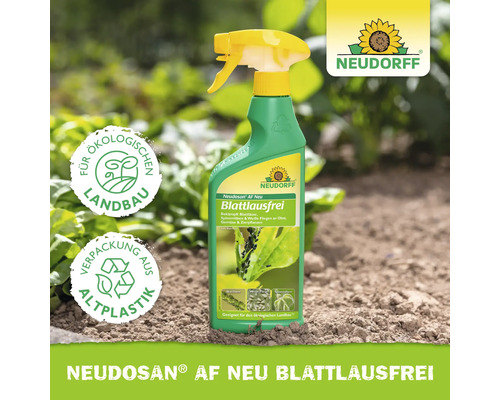Neudorff Neudosan AF Neu Blattlausfrei Sprühflasche im hellen Garten, Siegel für ökologischen Landbau und Recyclingverpackung, Neudorff Logo.