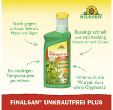 Neudorff Logo und Neudorff Finalsan UnkrautFrei Plus Unkrautvernichter in einer Flasche aus neunzig Prozent Recyclat mit Hinweistexten zur Wirkung.