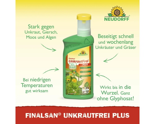 Neudorff Logo und Neudorff Finalsan UnkrautFrei Plus Unkrautvernichter in einer Flasche aus neunzig Prozent Recyclat mit Hinweistexten zur Wirkung.
