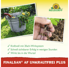Finalsan AF Unkrautfrei Plus von Neudorff zeigt einen Eimer mit Löwenzahn auf Rasen und eine Hand, die eine Unkrautwurzel hält. Neudorff Logo.