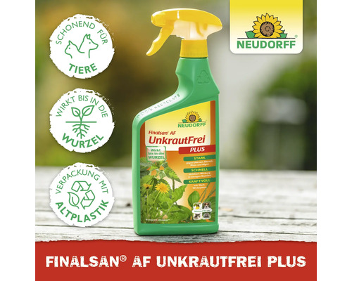 Neudorff Finalsan AF UnkrautFrei Plus Sprühflasche, Neudorff Logo, schonend für Tiere, wirkt bis in die Wurzel, Verpackung mit Altplastik.
