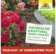 Neudorff Logo. Gartenbeet mit Rosen und Erde neben einer Rasenkante. Werbetext für Finalsan UnkrautFrei Plus Total-Unkrautvernichter.