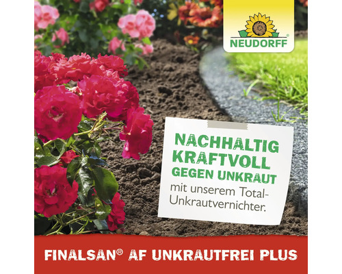 Neudorff Logo. Gartenbeet mit Rosen und Erde neben einer Rasenkante. Werbetext für Finalsan UnkrautFrei Plus Total-Unkrautvernichter.