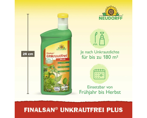 Neudorff Finalsan UnkrautFrei Plus Unkrautvernichter in einer 28 Zentimeter hohen Flasche für bis zu 180 Quadratmeter von Frühjahr bis Herbst.