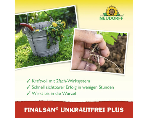 Neudorff Logo. Finalsan Unkrautfrei Plus zeigt einen Metalleimer mit Unkraut und eine Hand, die eine Pflanzenwurzel präsentiert.