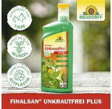 Neudorff Finalsan UnkrautFrei Plus Unkrautvernichter. Schonend für Tiere, wirkt bis in die Wurzel, Verpackung mit Altplastik. Neudorff Logo.