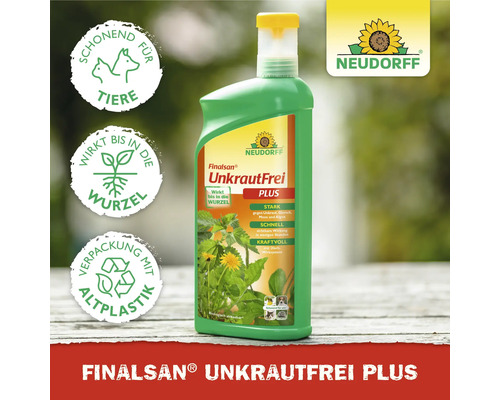 Neudorff Finalsan UnkrautFrei Plus Unkrautvernichter. Schonend für Tiere, wirkt bis in die Wurzel, Verpackung mit Altplastik. Neudorff Logo.