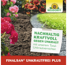 Neudorff Logo. Garten mit Blumen und Rasen. Nachhaltig kraftvoll gegen Unkraut mit Finalsan Unkrautfrei Plus.
