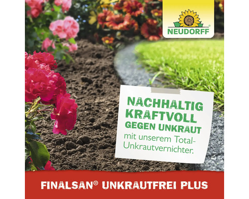 Neudorff Logo. Garten mit Blumen und Rasen. Nachhaltig kraftvoll gegen Unkraut mit Finalsan Unkrautfrei Plus.