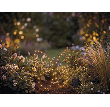 Beleuchtete Solar-LED-Gartenfigur in Schmetterlingsform aus Draht in einem Blumenbeet bei Dämmerung.