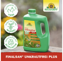 Neudorff Logo, Finalsan UnkrautFrei Plus mit Symbolen für Haustierfreundlichkeit, Wurzelwirkung und Recyclingverpackung.