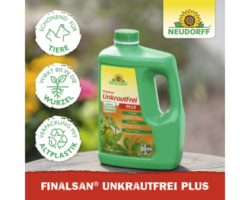 Neudorff Logo, Finalsan UnkrautFrei Plus mit Symbolen für Haustierfreundlichkeit, Wurzelwirkung und Recyclingverpackung.