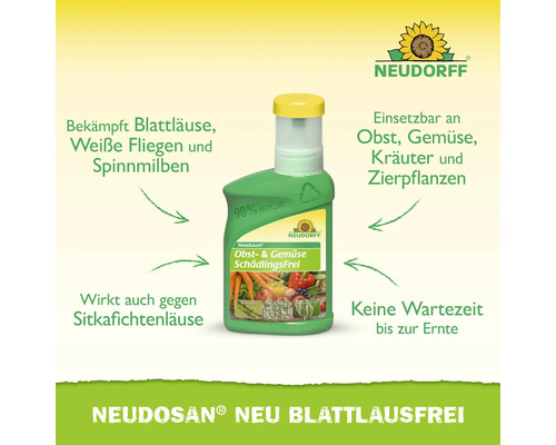 Neudorff Neudosan Blattlausfrei gegen Blattläuse und Spinnmilben an Obst und Gemüse ohne Wartezeit, Flasche aus 90 Prozent Rezyklat, Neudorff Logo.