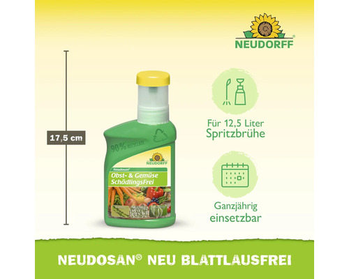 Neudorff Neudosan Obst- und Gemüse Schädlingsfrei, 17,5 Zentimeter hohe Flasche, für 12,5 Liter Spritzbrühe, ganzjährig anwendbar, Neudorff Logo.
