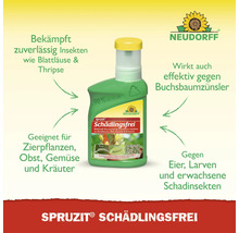 Neudorff Spruzit Schädlingsfrei gegen Blattläuse, Thripse und Buchsbaumzünsler. 90 Prozent Recyclingmaterial. Neudorff Logo.