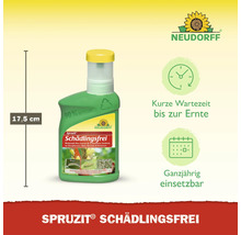 Neudorff Spruzit Schädlingsfrei Insektizid, 17,5 Zentimeter hohe Flasche aus 90 Prozent Recyclingmaterial. Kurze Wartezeit bis Ernte. Neudorff Logo.