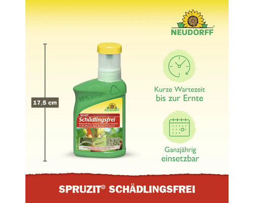 Neudorff Spruzit Schädlingsfrei Insektizid, 17,5 Zentimeter hohe Flasche aus 90 Prozent Recyclingmaterial. Kurze Wartezeit bis Ernte. Neudorff Logo.