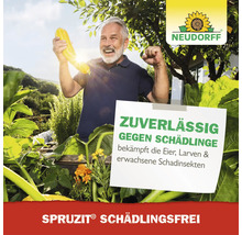 Neudorff Logo, Mann im Garten mit Zucchini, Spruzit Schädlingsfrei gegen Eier, Larven und erwachsene Insekten.