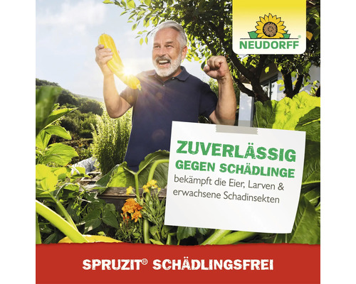 Neudorff Logo, Mann im Garten mit Zucchini, Spruzit Schädlingsfrei gegen Eier, Larven und erwachsene Insekten.