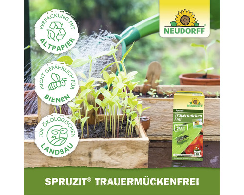 Neudorff Logo, Spruzit TrauermückenFrei Anwendung an Jungpflanzen, Altpapier-Verpackung, nicht bienengefährlich, für ökologischen Landbau geeignet.
