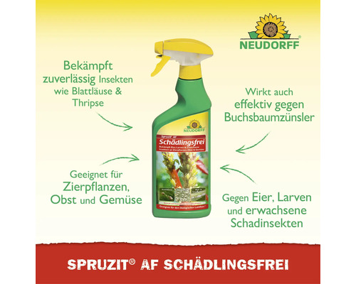 Neudorff Spruzit AF Schädlingsfrei Sprühflasche gegen Blattläuse, Thripse und Buchsbaumzünsler. Für den ökologischen Landbau geeignet. Neudorff Logo.