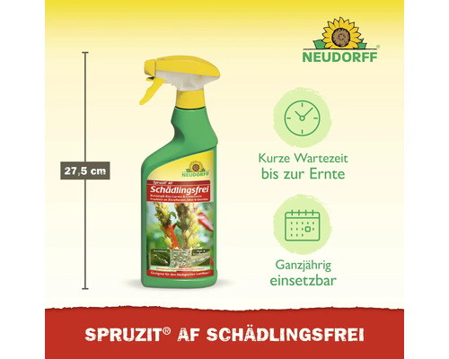 Neudorff Spruzit AF Schädlingsfrei Sprühflasche, Höhe 27,5 Zentimeter, kurze Wartezeit bis zur Ernte, ganzjährig einsetzbar. Neudorff Logo.