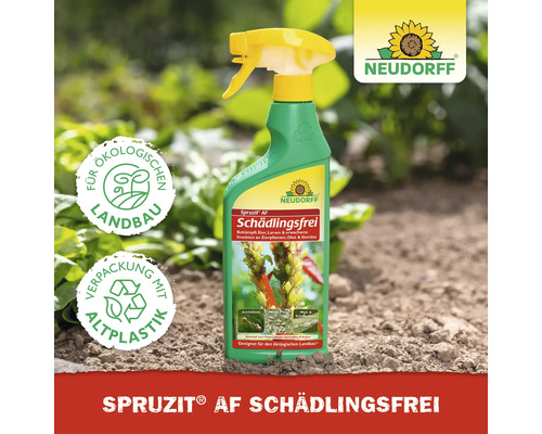 Neudorff Spruzit AF Schädlingsfrei Sprühflasche im Garten, für ökologischen Landbau, Verpackung aus Altplastik, Neudorff Logo.