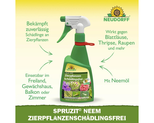 Neudorff Spruzit Neem Zierpflanzen-Schädlingsfrei Sprühflasche mit Neemöl zur Bekämpfung von Blattläusen, Thripsen und Raupen. Neudorff Logo.