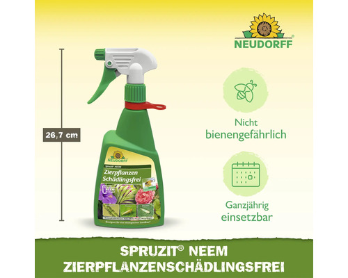 Neudorff Logo. Spruzit Neem Zierpflanzen Schädlingsfrei Sprühflasche, Höhe 26,7 Zentimeter. Nicht bienengefährlich, ganzjährig einsetzbar.