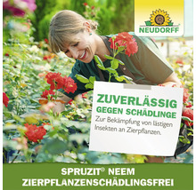 Frau pflegt Rosen im Garten mit Hinweisschild zu Spruzit Neem Pflanzenschutz gegen Schädlinge an Zierpflanzen. Neudorff Logo.