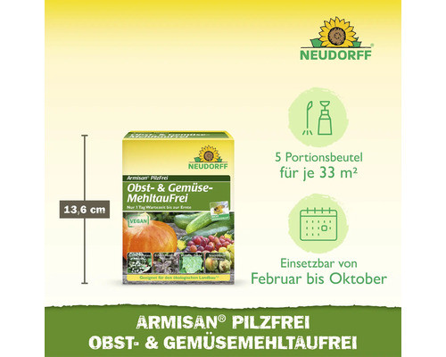 Neudorff Armisan PilzFrei gegen Mehltau, Obst und Gemüse, 5 Beutel für je 33 Quadratmeter, Höhe 13,6 Zentimeter, Neudorff Logo.