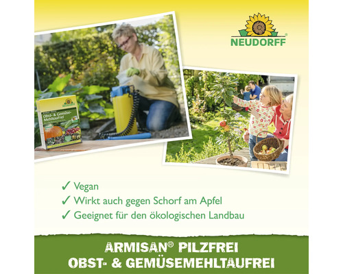 Neudorff Armisan Pilzfrei gegen Mehltau und Schorf an Obst und Gemüse, vegan, ökologischer Landbau, Anwendung im Garten, Neudorff Logo.