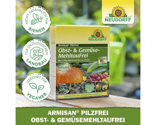 Neudorff Logo, Armisan PilzFrei Obst- und Gemüse-MehltauFrei, nicht gefährlich für Bienen, für ökologischen Landbau und Veganer geeignet.