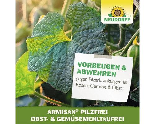 Neudorff Logo. Armisan Pilzfrei für Obst und Gemüse zur Vorbeugung gegen Pilzerkrankungen und Mehltau auf einem Blatt.
