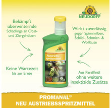 Neudorff Logo und Flasche Promanal Neu Austriebsspritzmittel auf Paraffinölbasis zur Bekämpfung von Schädlingen an Obst- und Ziergehölzen.